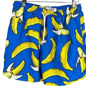 Uzzi Men Blue Banana Print Swim Trunks Mesh Lined Drawstring Board Shorts L
